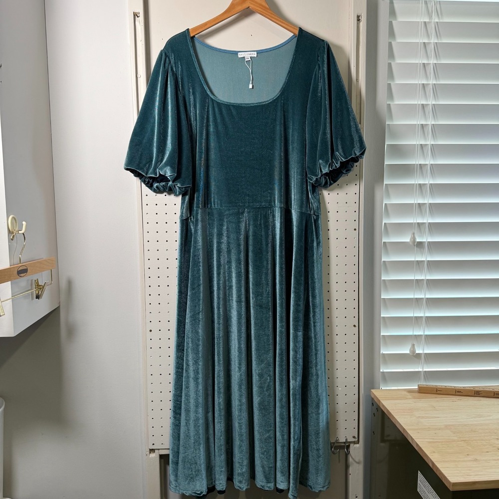 Baltic Born Fit & Flare Dress Women's Blue Green velvet Stretch Short Sleeve 2XL